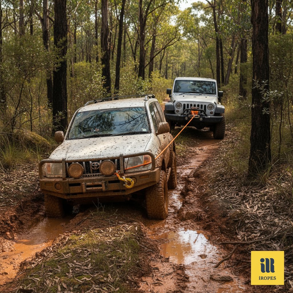কাদায় আটকে যাওয়া অফ-রোড ৪ডব্লিউডি যানবাহনকে উজ্জ্বল সিন্থেটিক উইঞ্চ রোপ দিয়ে টেনে বের করা হচ্ছে, উইঞ্চে সুন্দরভাবে কুণ্ডলীকৃত রোপ দেখানো হয়েছে, রোপের হালকা নমনীয়তা এবং পাথুরে জমিতে উদ্ধার পয়েন্টে নিরাপদ সংযোগ দেখানো হয়েছে