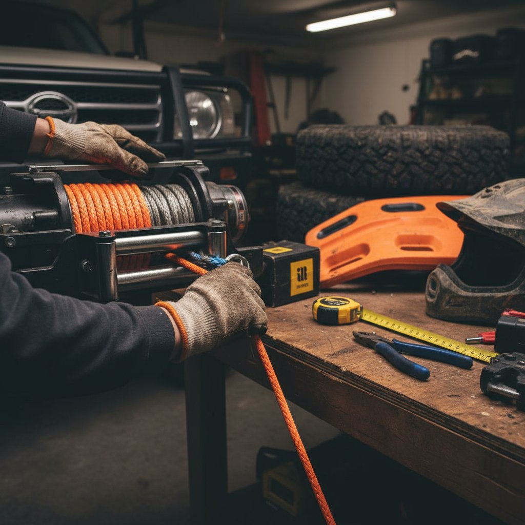 গ্যারেজ সেটিংয়ে ৪ডব্লিউডি উইঞ্চ ড্রামে সিন্থেটিক উইঞ্চ রোপ ইনস্টল করার ক্লোজ-আপ, কাছাকাছি টুলস এবং নিচ থেকে ইভেন স্পুলিংয়ের উপর জোর দিয়ে কিঙ্ক প্রতিরোধ করে, অফ-রোড গিয়ারের ব্যাকড্রপে