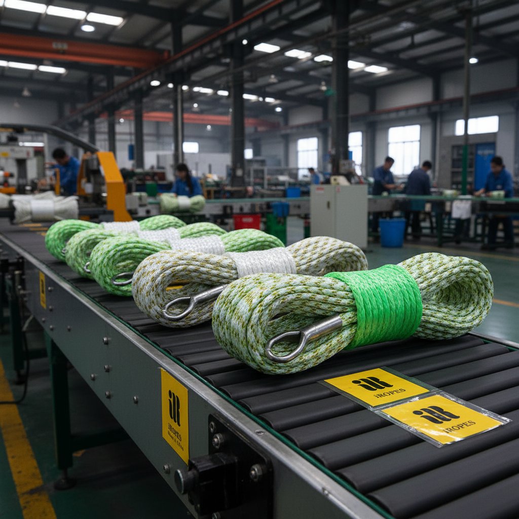 Custom iRopes rope coil with thimble eye and UV coating on a factory conveyor, showing blended golden Vectran strands mixed with white poly prop in a 24-strand braid under bright industrial lights, with branding labels nearby