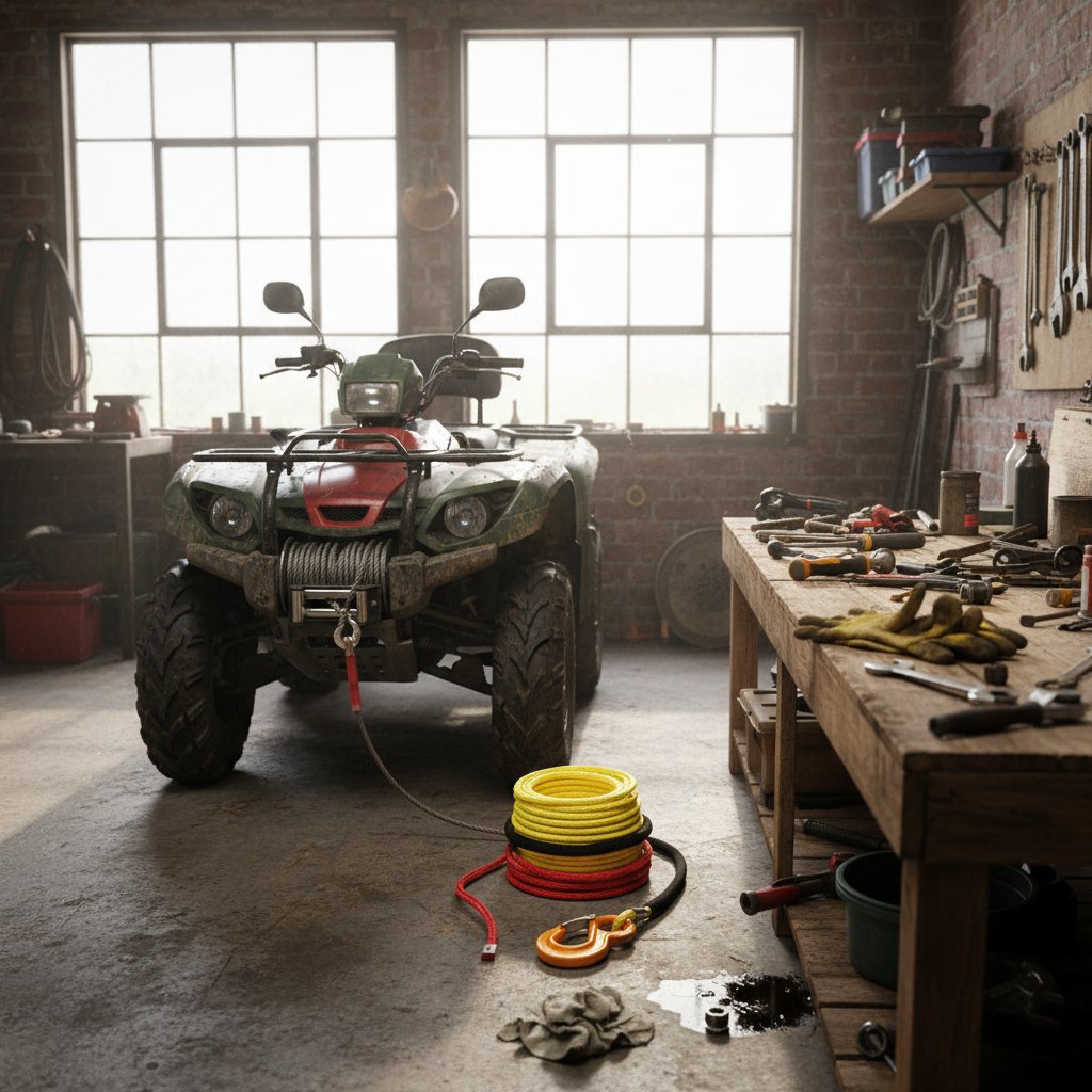 Perbandingan samping-sampingan tali winch sintetis yang digulung longgar di sebelah kabel baja berat pada setup ATV, soroti kelenturan ringan tali lawan logam kaku di bengkel dengan alat di dekatnya