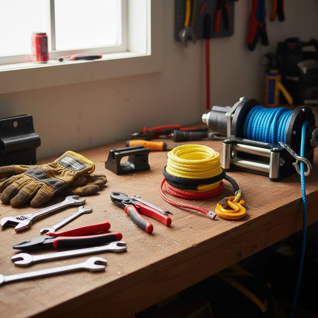 Close-up alat tersusun di meja kerja termasuk sarung tangan, pemotong, kunci pas, dan pemandu hawse di sebelah tali sintetis digulung dan drum winch ATV di garasi dengan cahaya alami soroti setup rapi