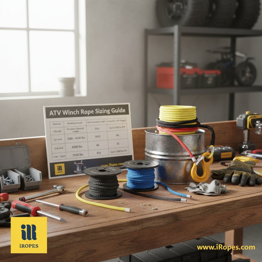 Visualisasi tabel ukuran untuk tali winch ATV tunjukkan diameter dari 3/16 ke 3/8 inci digulung pada drum untuk kapasitas 2500-4500 lb, dengan label panjang dan berat kendaraan dalam diagram bengkel jelas