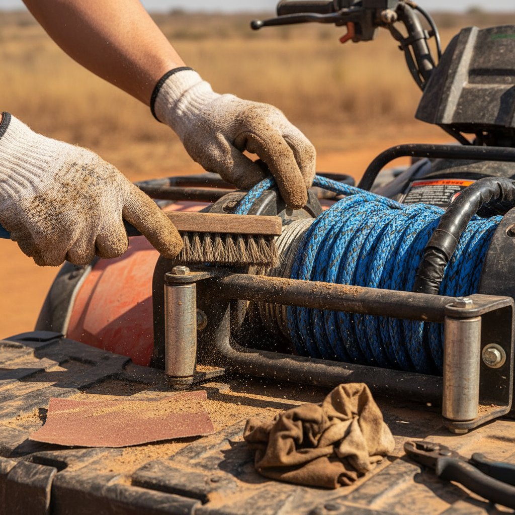 Крупный план барабана лебедки квадроцикла, осматриваемого и очищаемого проволочной щеткой для удаления заусенцев и мусора, на фоне песчаного российского рельефа с инструментами вроде наждачки поблизости, подчеркивающий внимание к деталям для безопасной установки.
