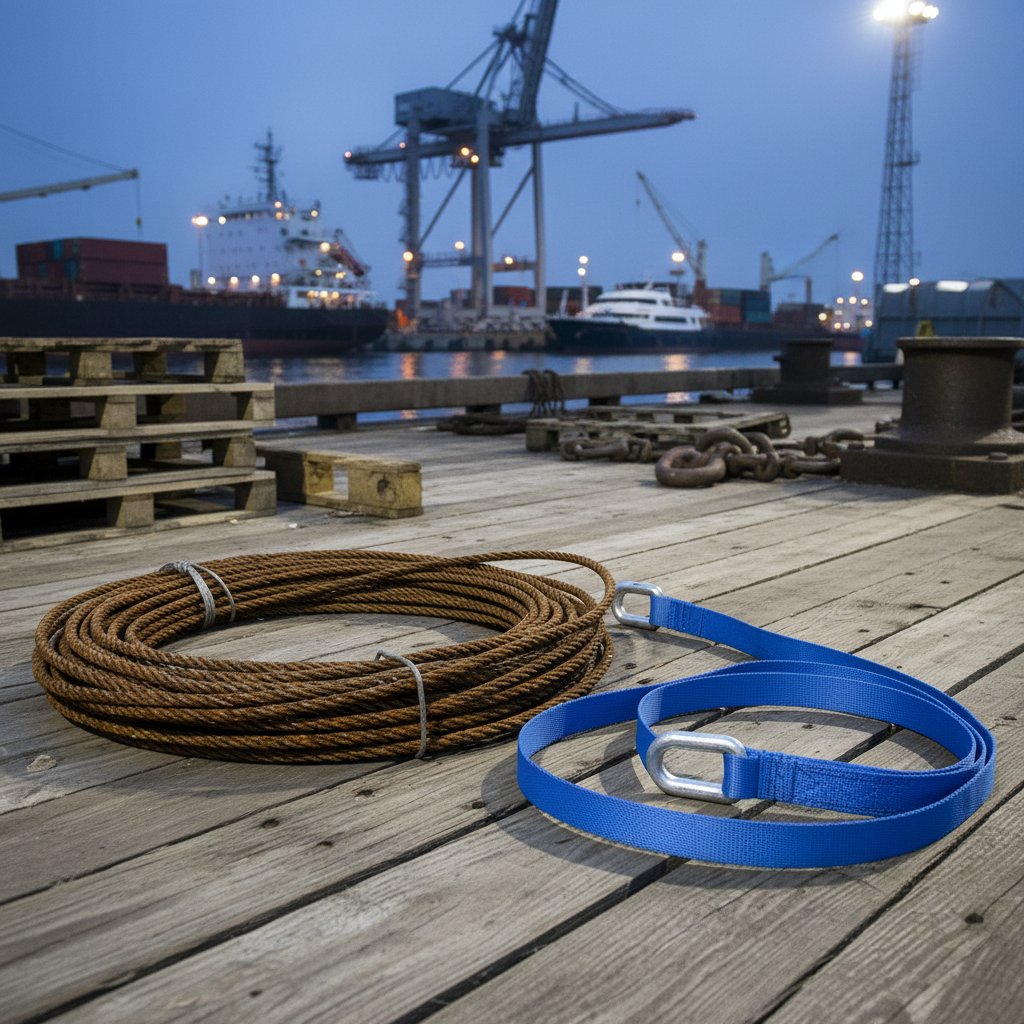 اسلینگ طناب سیمی زنگ‌زده در کنار اسلینگ پلی‌استر مصنوعی تمیز روی عرشه بندر نمکی، نشان‌دهنده آسیب خوردگی روی سیم‌های فلزی در مقابل نوار انعطاف‌پذیر سالم با thimbleها زیر نور دریایی