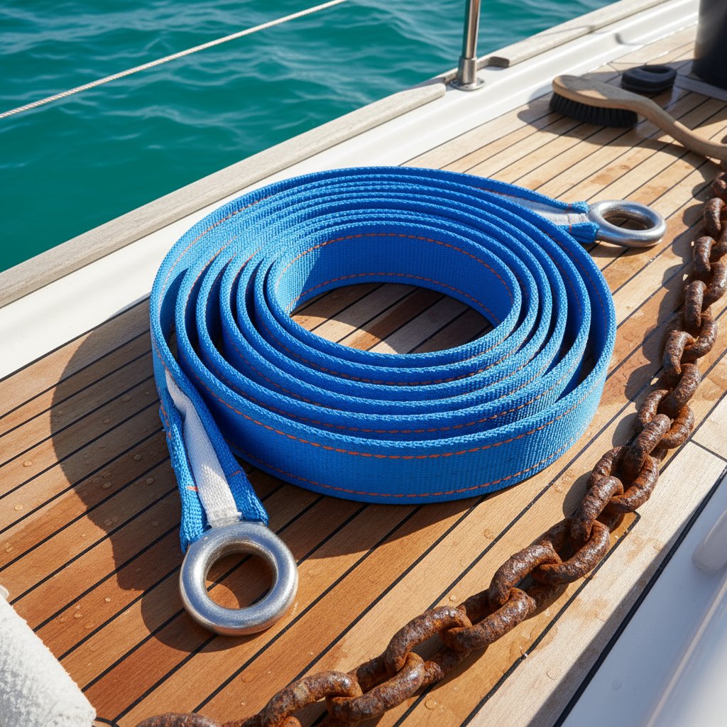 تسمه مهار پلی‌استر پیچیده‌شده با هسته UHMWPE روی عرشه قایق تفریحی، نمایش کشش کم زیر بار شبیه‌سازی‌شده و مقاومت در برابر محو UV در نور خورشید شدید با انتهای thimble سالم پس از شستشوی آب شور