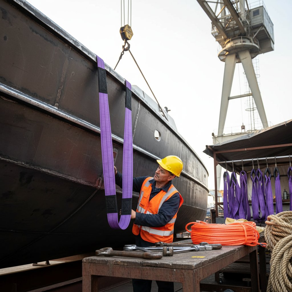 Індивідуальний плоский строп оглядають на верфі, підкреслюючи посилені ока та УФ-стійку поліестерову тканину під морським сонцем з інструментами та засобами безпеки поруч