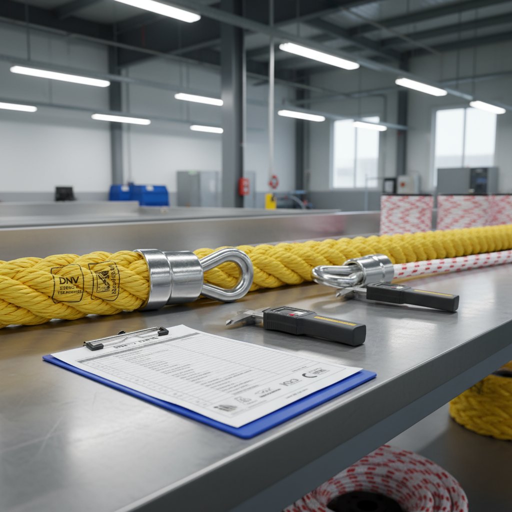 Detailed view of a customized PP mooring rope undergoing quality inspection in a modern facility, featuring eye splices, thimbles, and certification stamps on a workbench with tools and measuring devices in a clean, industrial setting