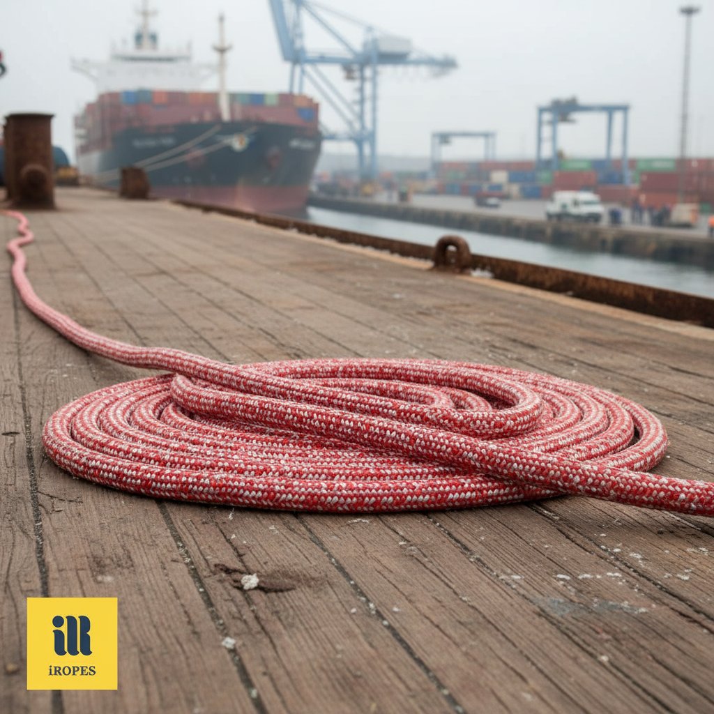 Close-up of synthetic ship mooring ropes coiled on a vessel deck, showing braided textures in blue and white against a harbour backdrop with blurred ships and cranes for an industrial maritime feel