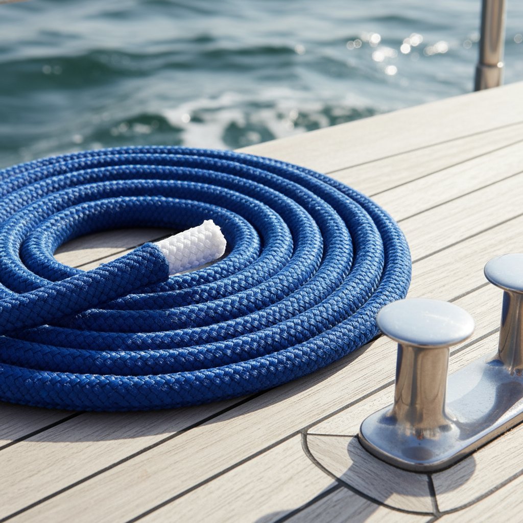 Detailed view of yacht braid rope in double braid construction, showing nylon core and polyester cover with smooth, non-kinking texture coiled on a wooden deck beside yacht cleats and ocean waves