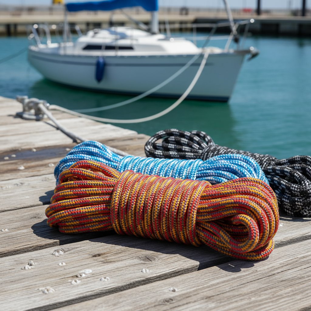 Close-up of synthetic boat mooring lines in nylon and polyester coiled on a dock, showing their flexible texture and colour variations under sunlight, with a secured boat in the background