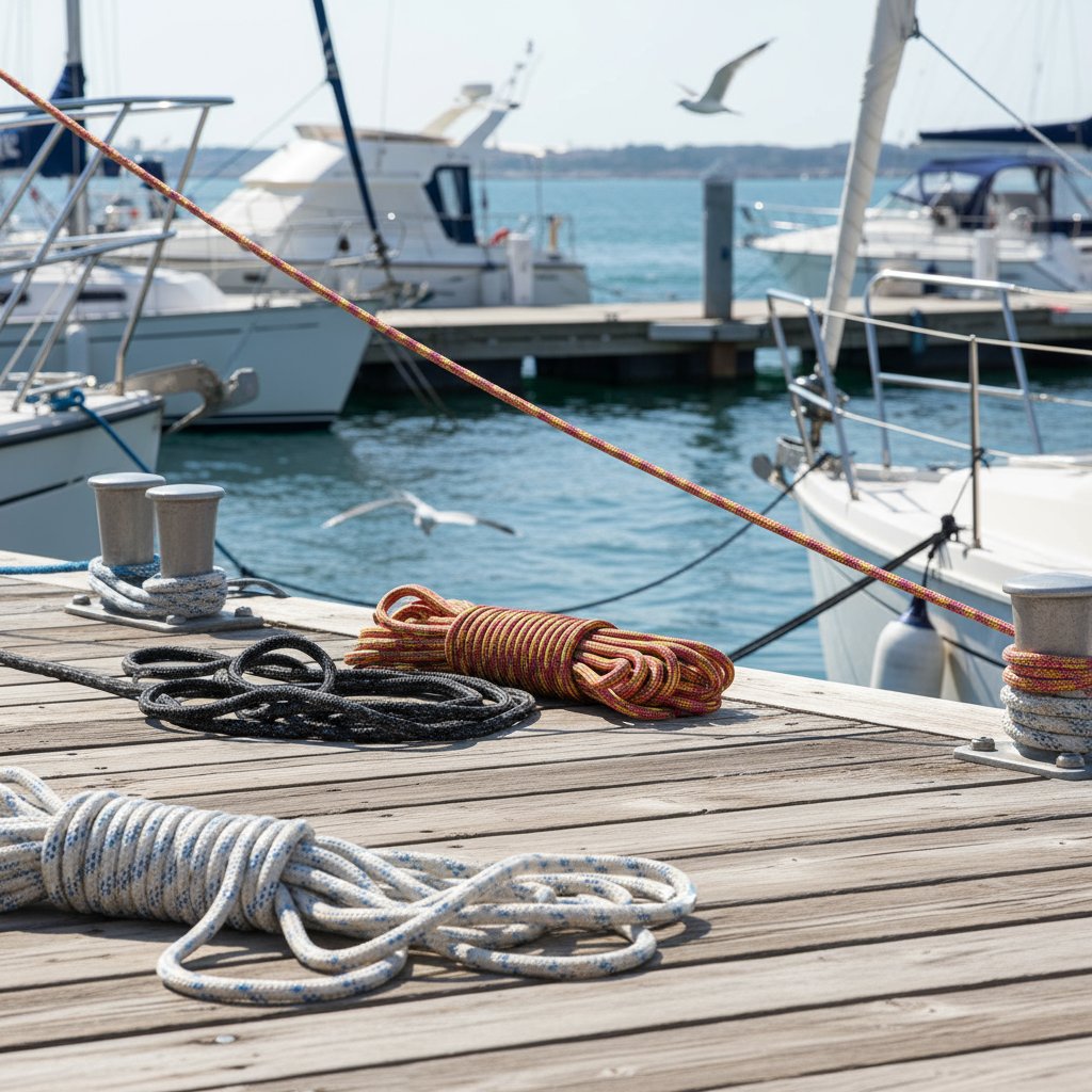 Variety of boat mooring ropes in nylon and polyester, showing three-strand twisted, double-braid, and parallel core constructions coiled and under tension on a marina deck, highlighting their textures and colour options against a blue ocean backdrop