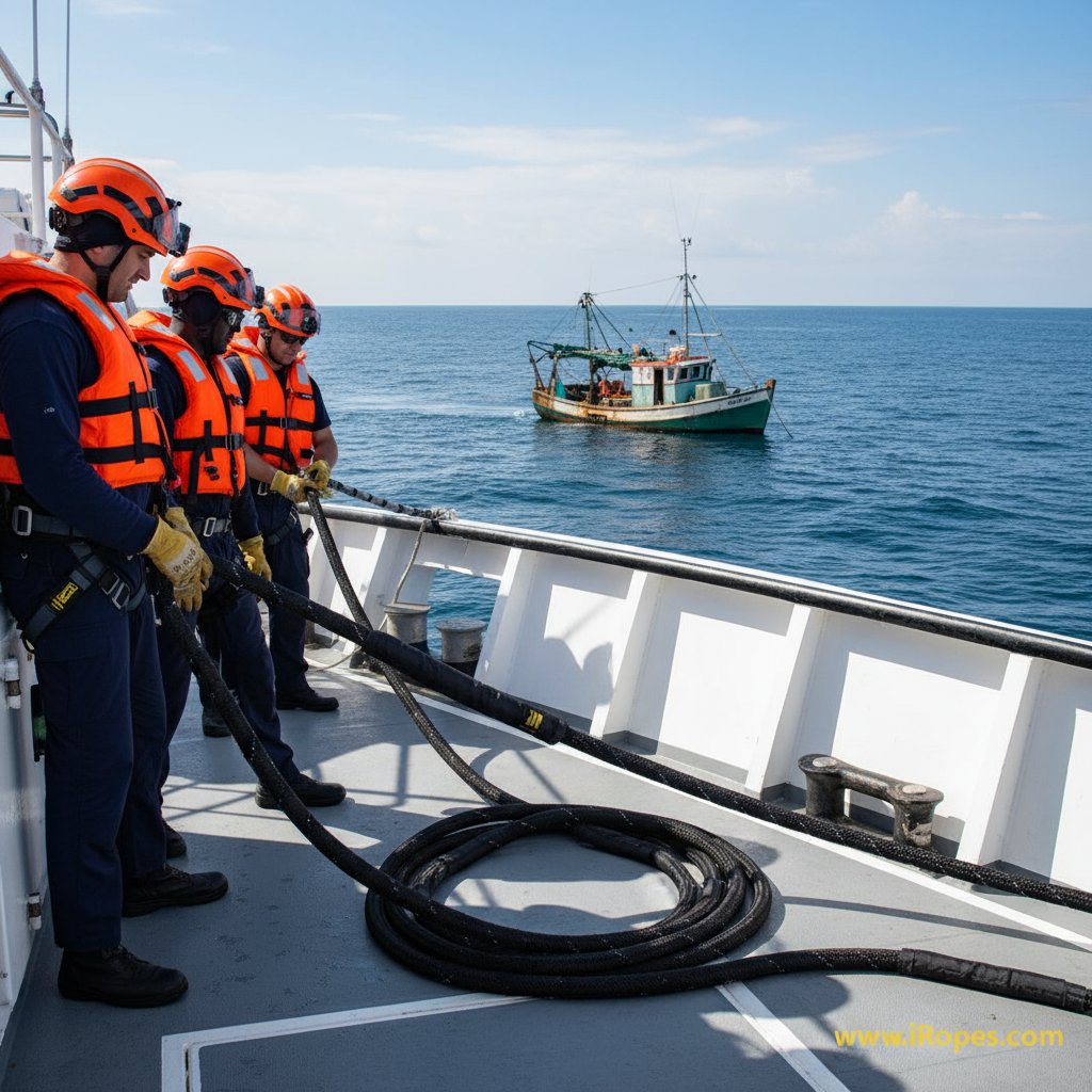 Екіпаж човна кріпить персоналізований буксирувальний трос з джгутовим кріпленням на кормові очки під час спокійного морського порятунку, показуючи рефлективні елементи та захист від стирання на плетеному тросі на тлі синьої води та далекого горизонту