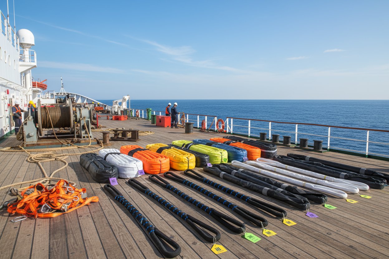 Various configurations of synthetic lifting slings including eye and eye web slings, endless round slings, and twin-path designs displayed on a ship deck with ocean horizon, highlighting their flexible forms, colour-coded capacities, and protective sleeves against a backdrop of rigging tools and safety harnesses
