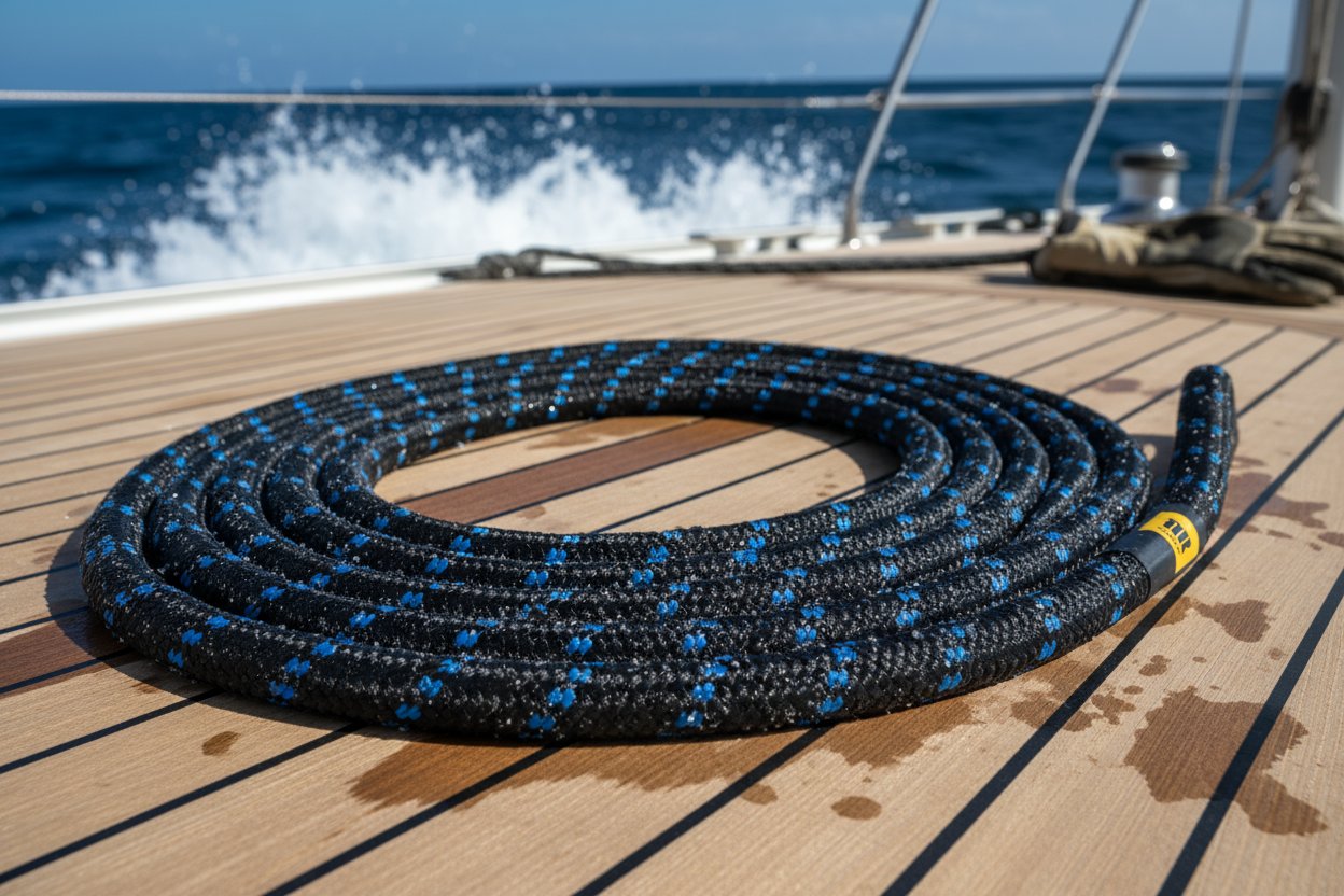 Coiled synthetic rope on a yacht deck showing water absorption effects in marine environment with waves in background