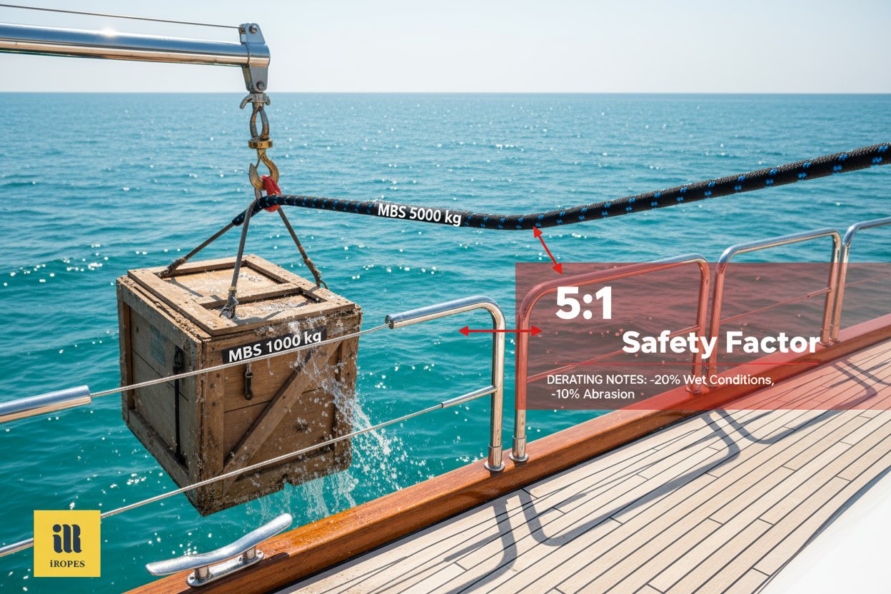 Diagram of rope under tension showing MBS and SWL markers with safety factor overlay in a marine lifting scenario on a yacht