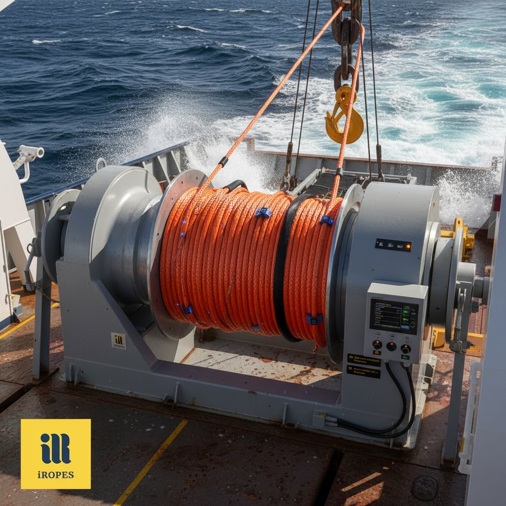 Diagram of a rope system in a marine hoist setup, showing the rope threading through sheaves, around the drum, and secured with end fittings on a vessel deck amid ocean waves and rigging details.