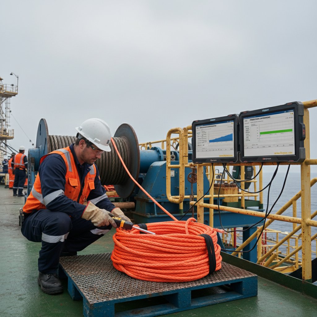 Technician using a handheld magnetic tester on a coiled marine rope near a winch drum, with digital screens displaying inspection data in a bustling offshore rig environment under overcast skies, emphasizing precision tools amid rugged steel and synthetic materials.