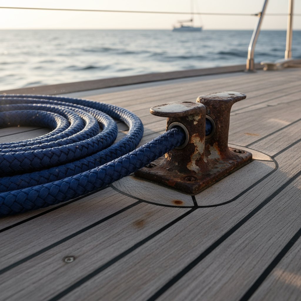 Close-up of a braided synthetic guide rope coiled on a yacht deck, showing its smooth texture against weathered metal fairlead, with ocean waves in the background and salt spray misting the air for a sense of rugged marine reliability.