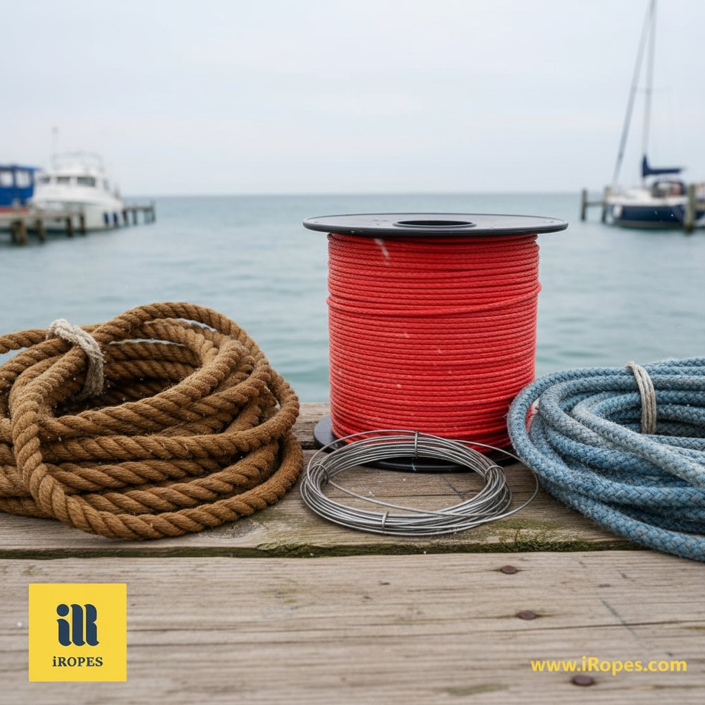 Assorted high tensile ropes in braided and twisted forms coiled on a dock, with stainless steel wires alongside synthetic fibers showing corrosion resistance in a salty marine backdrop with boats and waves