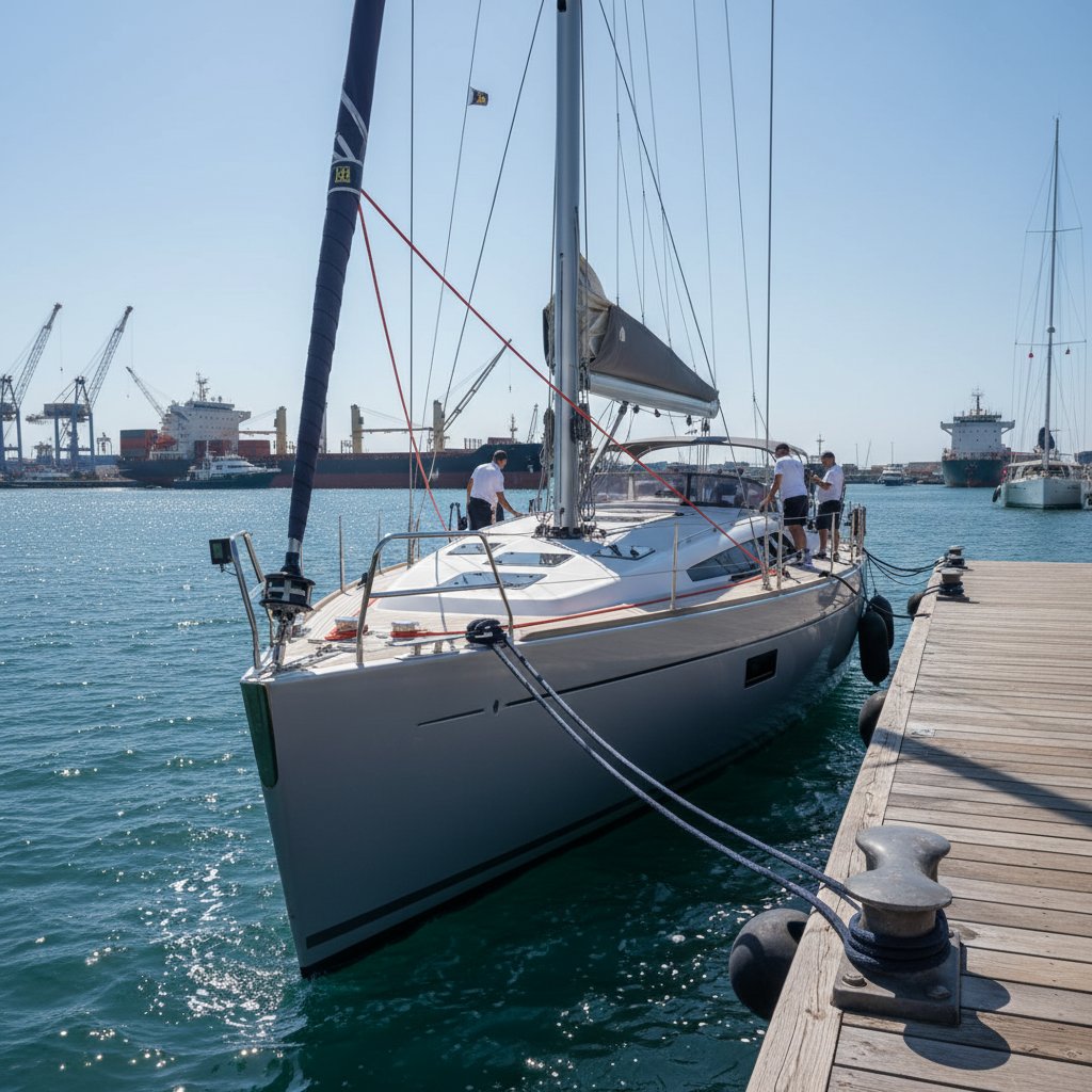 Yacht standing rigging with tensioned high tensile ropes connecting mast to deck fittings, alongside a mooring line secured to a pier under wave impact, showing stainless steel elements and monitoring devices in a bustling harbor scene