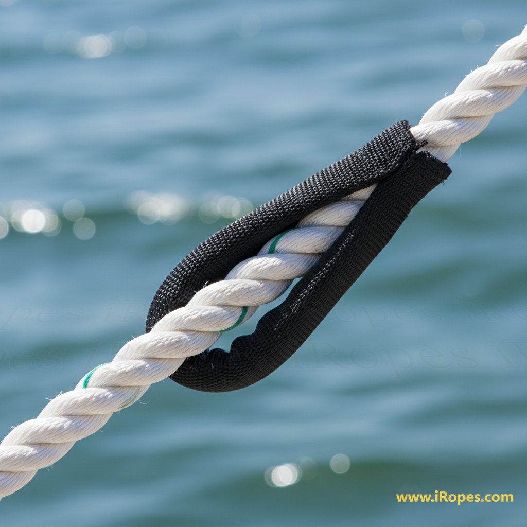 Крупний план акуратно завершеної очної склейки на нейлоновому швартовному канаті, що показує переплітаючі жилки, утворюючі надійну петлю на тлі синього океану з ненав'язливими візерунками хвиль для морського колориту