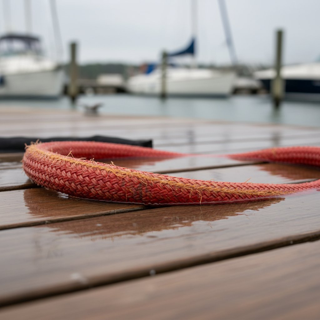 Close-up of a nylon lifting strap soaking in saltwater, showing water absorption and early signs of fibre degradation with frayed edges and discoloration