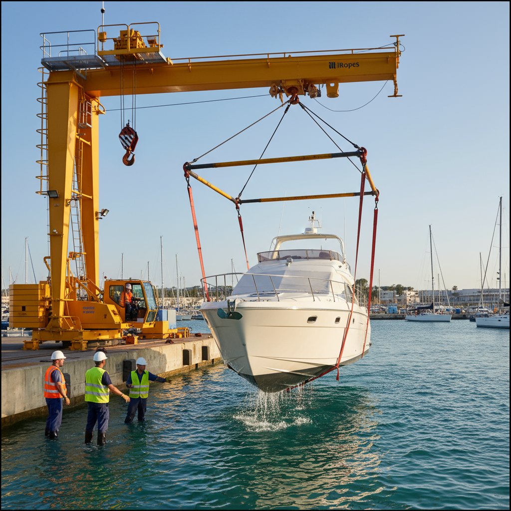 Crane operator using heavy duty lifting straps to hoist a boat hull from saltwater, showing secure wrapping around curves with no visible damage and team ensuring stability