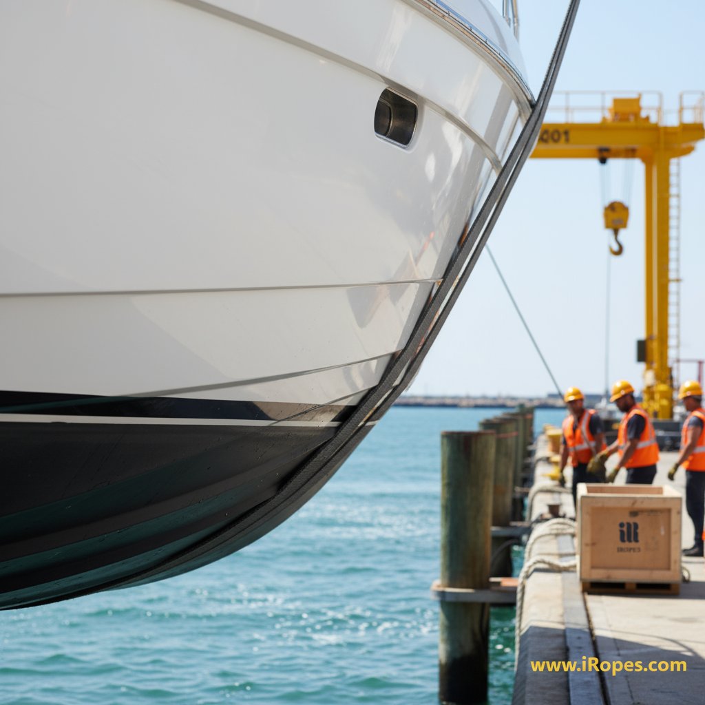 Close-up of a nylon web sling cradling a yacht hull mid-lift, illustrating its wide flat surface preventing scratches on the white gel coat amid blue ocean waves and a bustling dock