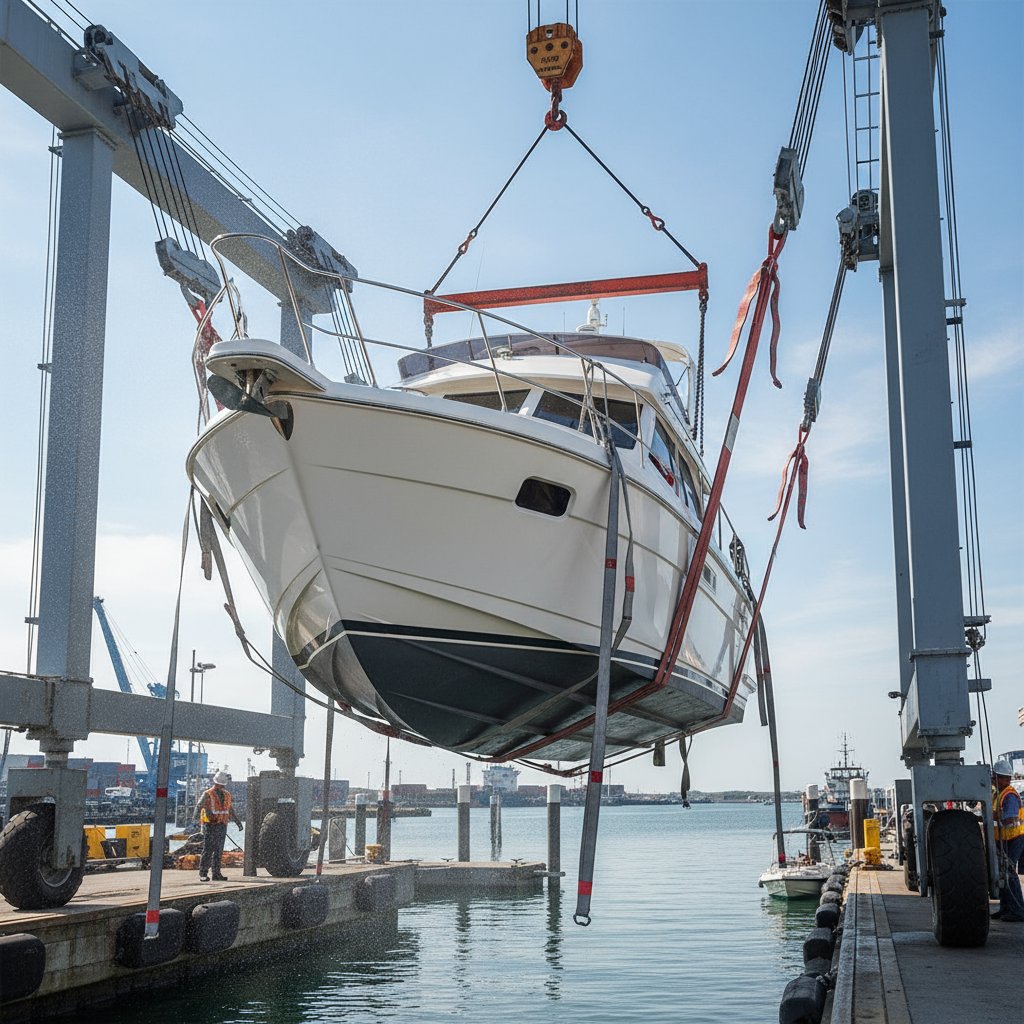 Various nylon web sling types including flat eye, twisted eye, and endless configurations rigged around a boat hull in a marine lift, with clear views of hitch setups against a harbor backdrop with cranes and water reflections
