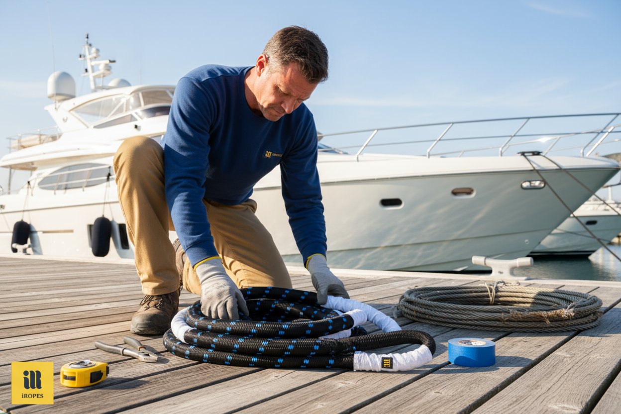 Customized soft sling with branded logo being inspected by a marina worker, coiled neatly on a dock with tools nearby, under clear blue skies, showing reinforced end fittings and protective sleeves against a yacht in the background.