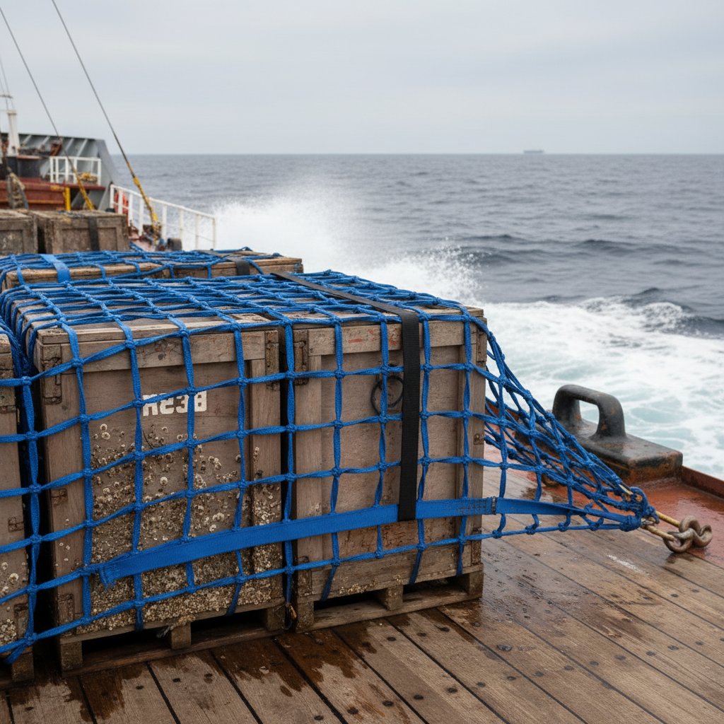 Close-up of a durable polyester webbing net being used to secure marine cargo on a ship's deck, showing woven straps in blue hues against a salty ocean backdrop with waves and rigging in the distance