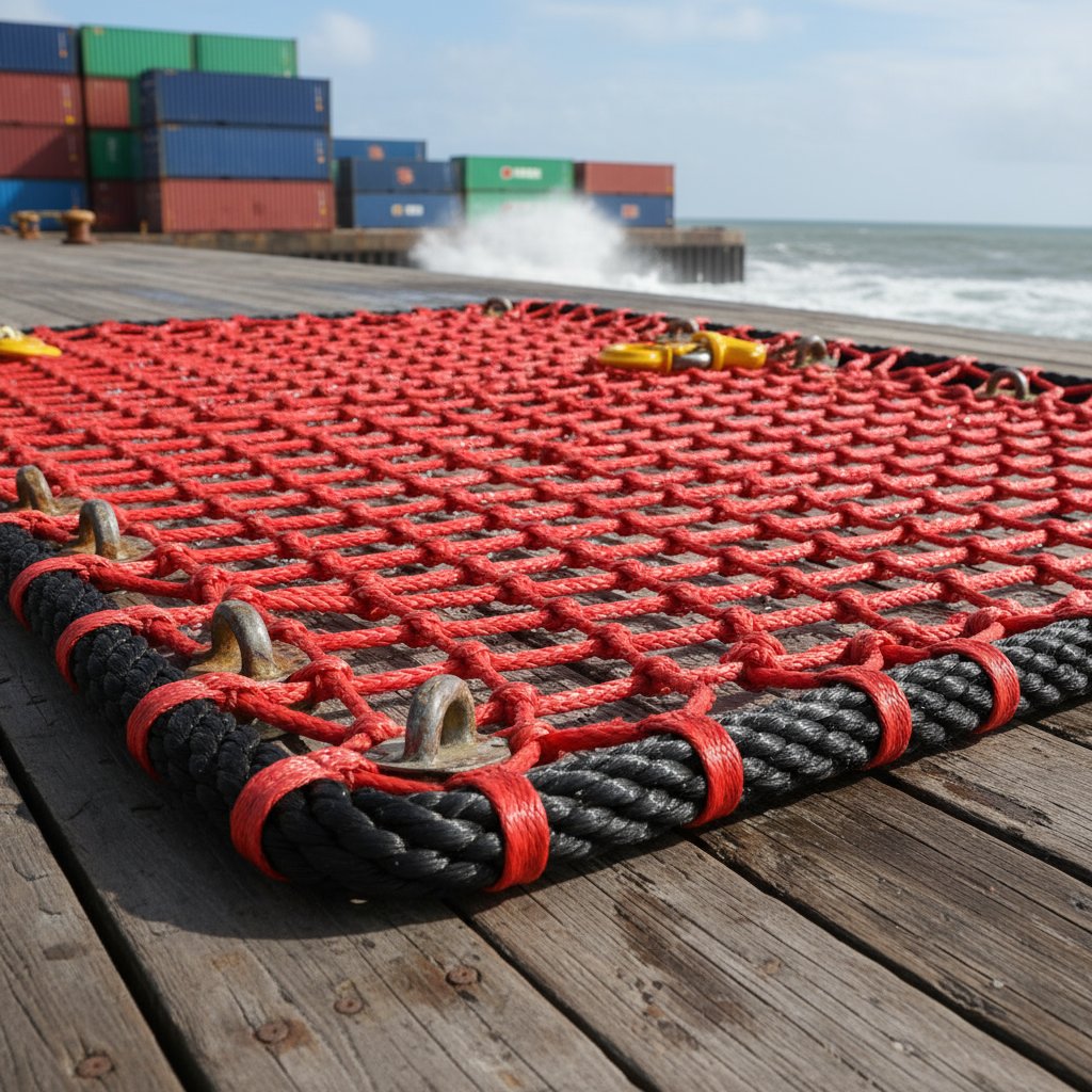 Detailed view of a lifting net construction showing reinforced borders, mesh grid of polyester straps, and thimble attachments on a marine dock with ocean waves and cargo in the background