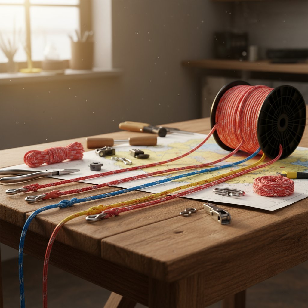 Customised dinghy control lines with colour-coded sections and pre-spliced ends laid out on a sunny workshop table, showing varied lengths and reflective elements against tools and nautical charts