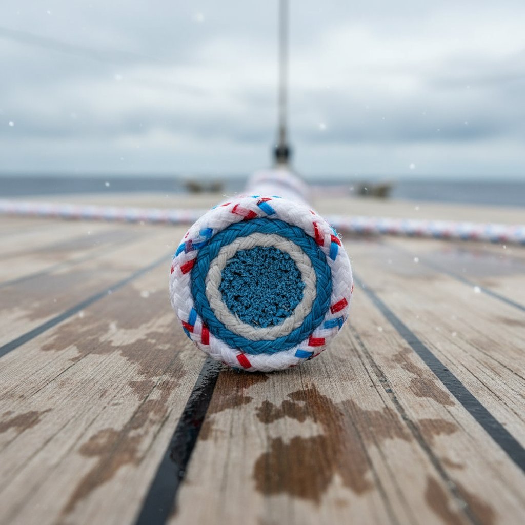मरीन रस्सी के क्रॉस-सेक्शन का क्लोज-अप जो मरोड़ी हुई स्ट्रैंड्स और सिंथेटिक कोर रेशों को नौकायन सेटिंग में नीले रंगों के साथ समुद्र की याद दिलाता है