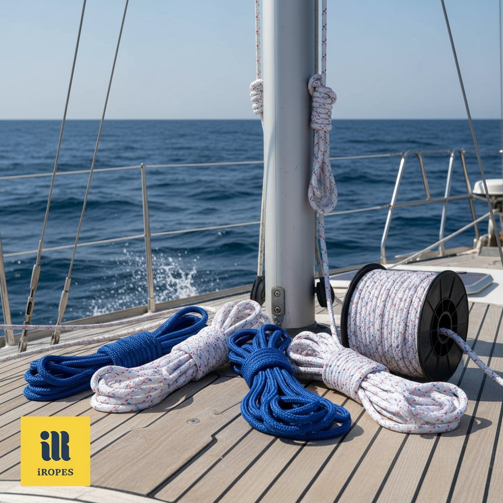 लकड़ी के डेक पर कुंडलित पॉलीएस्टर और नायलॉन नौकायन रस्सियों के सैंपल यॉट मस्तूल के पास, सफेद और नीले में टेक्स्चर्ड ब्रेड्स नमकीन महासागर पृष्ठभूमि के खिलाफ