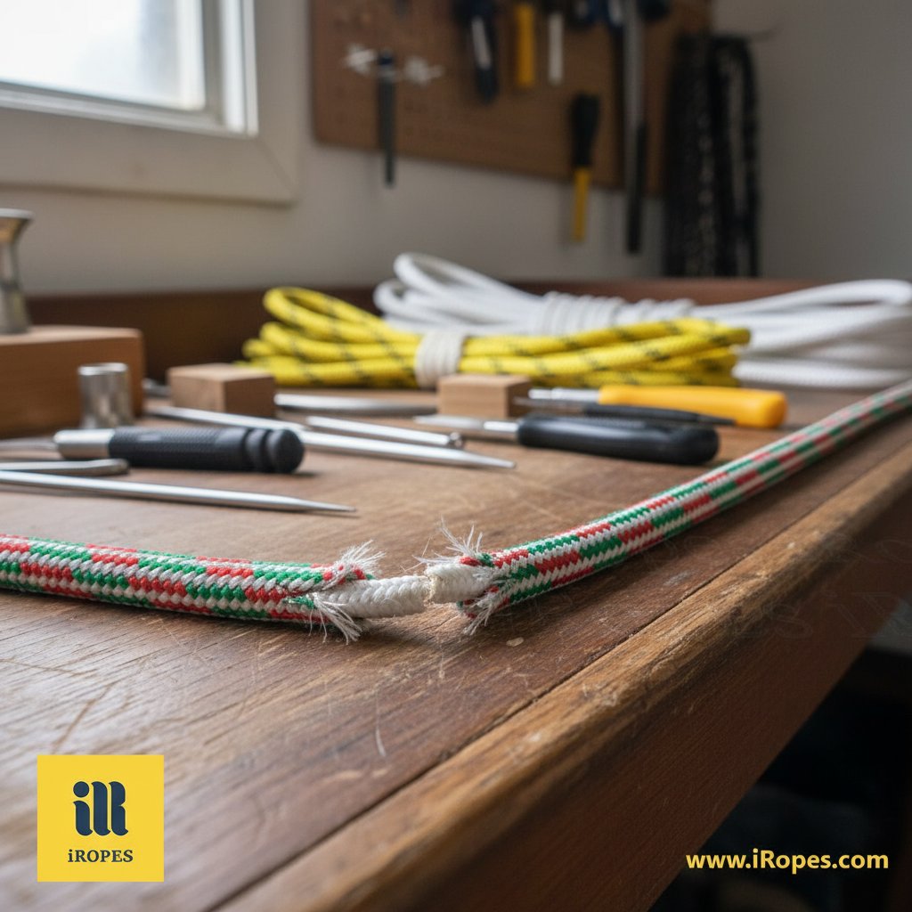 Vista detallada de sección transversal de cuerda de jarcia de velero revelando empalme inadecuado con fibras mal colocadas y deslizamiento del núcleo en una construcción de trenza doble, sobre un banco de taller con herramientas de empalme y ovillos de cuerda marina.