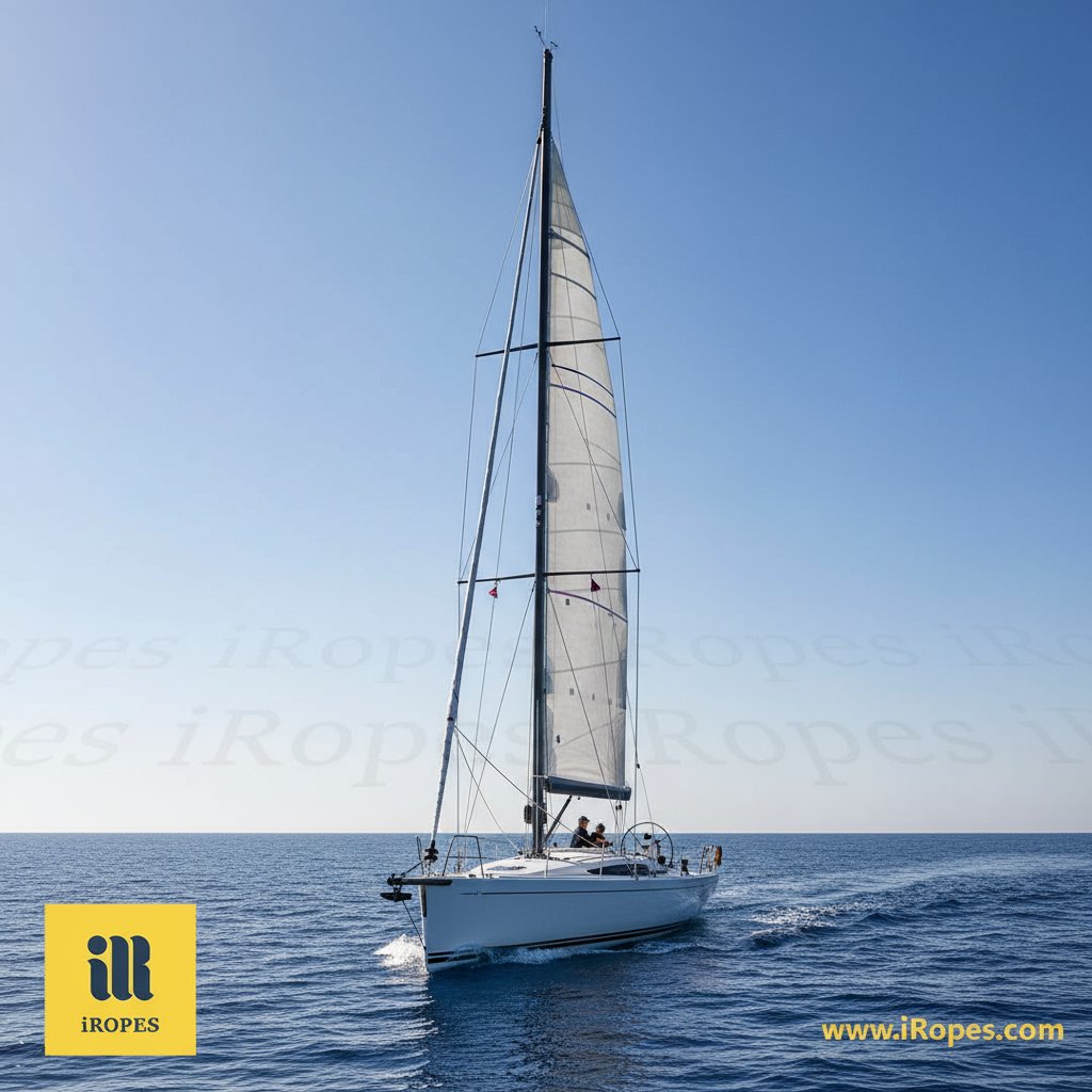 แผนภาพแสดงสายรัดตั้งด้วยสายรัดข้างและสายรัดหน้า-หลังค้ำจุนเสากระโดงเรือยอชต์ ร่วมกับสายรัดเคลื่อนที่ เช่น สายยกที่ยื่นไปยังใบเรือ ในฉากทะเลสงบงามด้วยน้ำเงินและใบเรือสีขาว