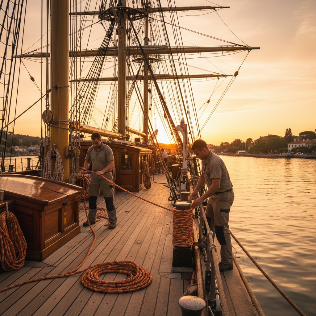Gran velero restaurado con marineros ajustando líneas de estilo histórico en cubierta bajo un atardecer dorado sobre aguas tranquilas del puerto, fusionando mástiles de madera y detalles de aparejo moderno