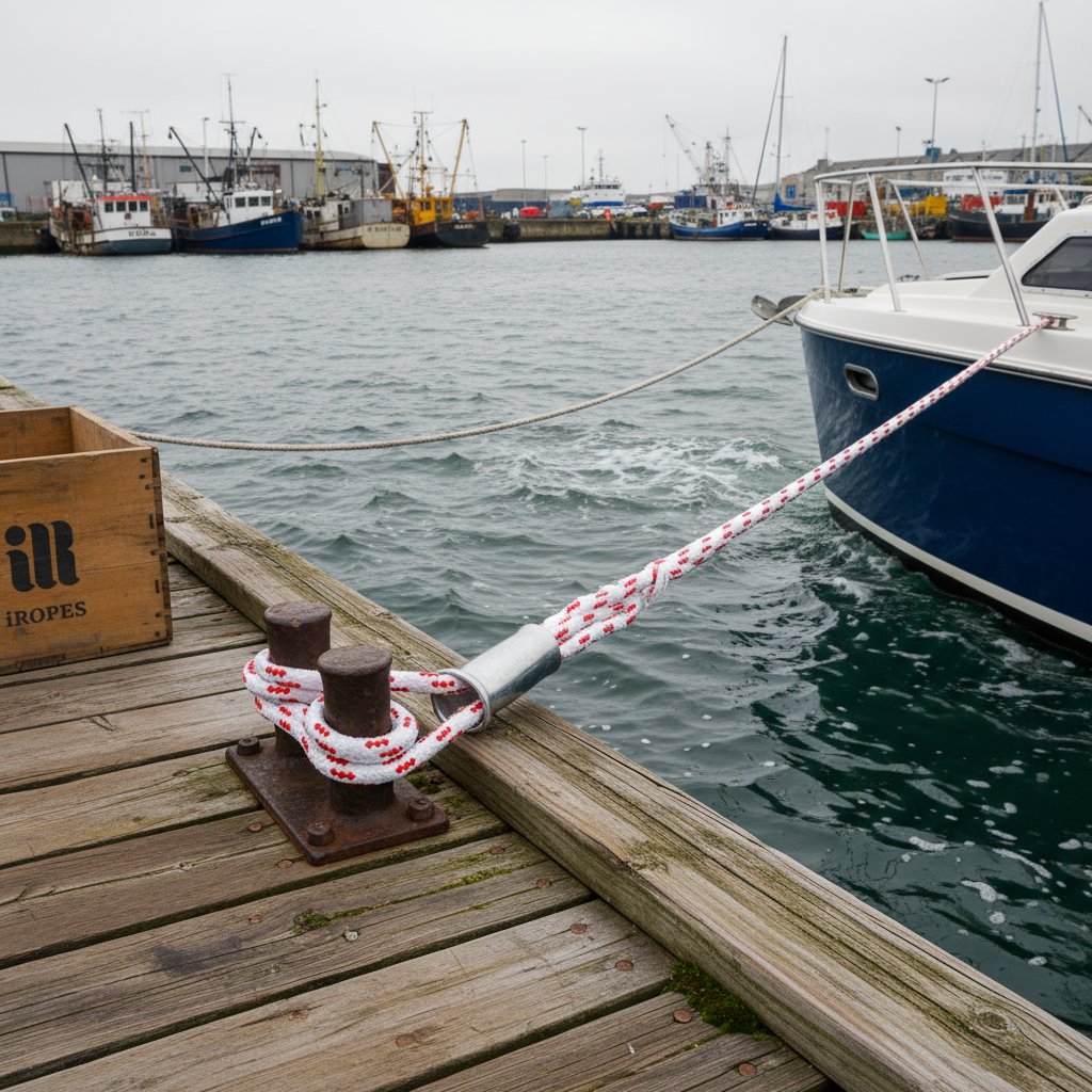 O frânghie de amarare solidă fixând o barcă la un doc în mijlocul valurilor agitate, arătând construcția împletită și talerele de la capete, cu un port în fundal sub cer înnorat