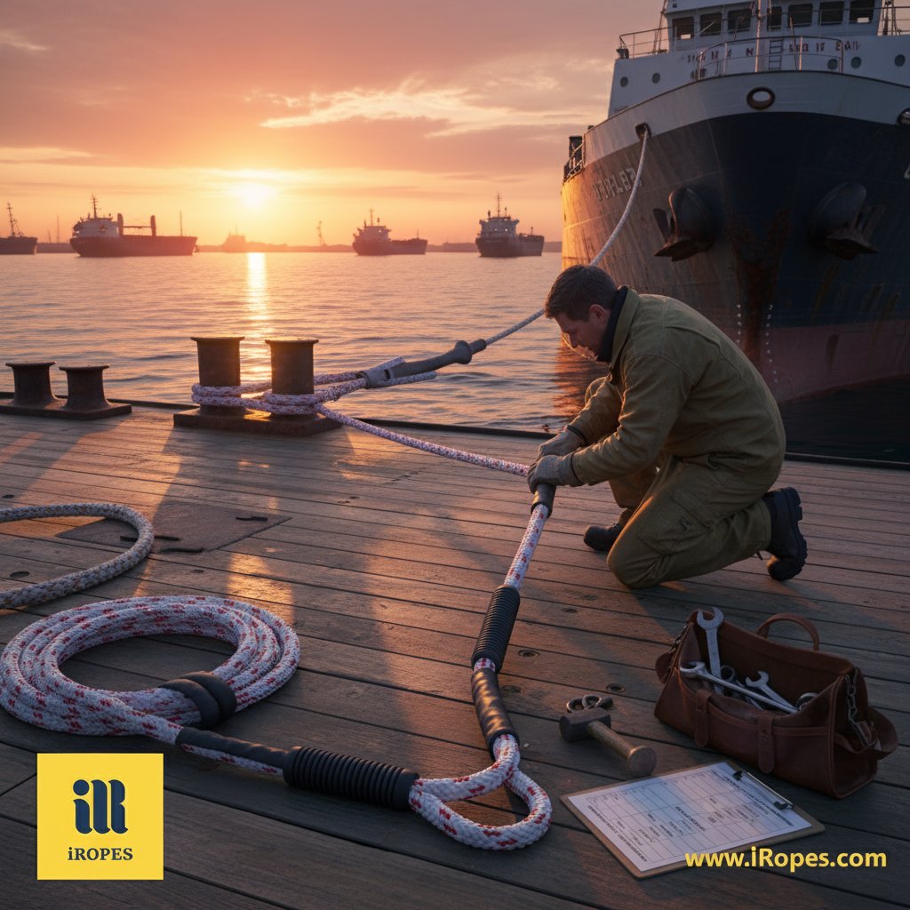 Frânghie de amarare personalizată cu culori de brand și găzi integrate antifricțiune inspectată pe puntea unei nave, arătând capete împletite și mâneci protectoare pe fundalul unui apus de soare în port cu vase în depărtare