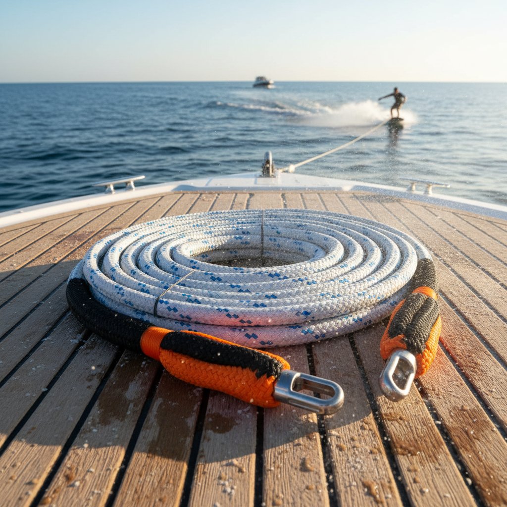 ボートデッキに巻かれた編み込みHMPE牽引ロープのクローズアップ、反射ストリップと浮遊設計、シンブル端部が青い海の背景に、遠くにウェイクボーダー