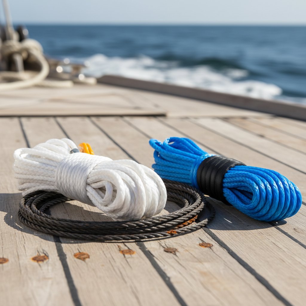 Крупний план різних матеріалів тросів для лебідки човна, включаючи білі синтетичні волокна Dyneema, змотані поруч зі темним сталевим канатом на палубі човна з розмитими хвилями океану на тлі, що підкреслює відмінності текстур і контрасти кольорів для порівняння матеріалів у морських умовах
