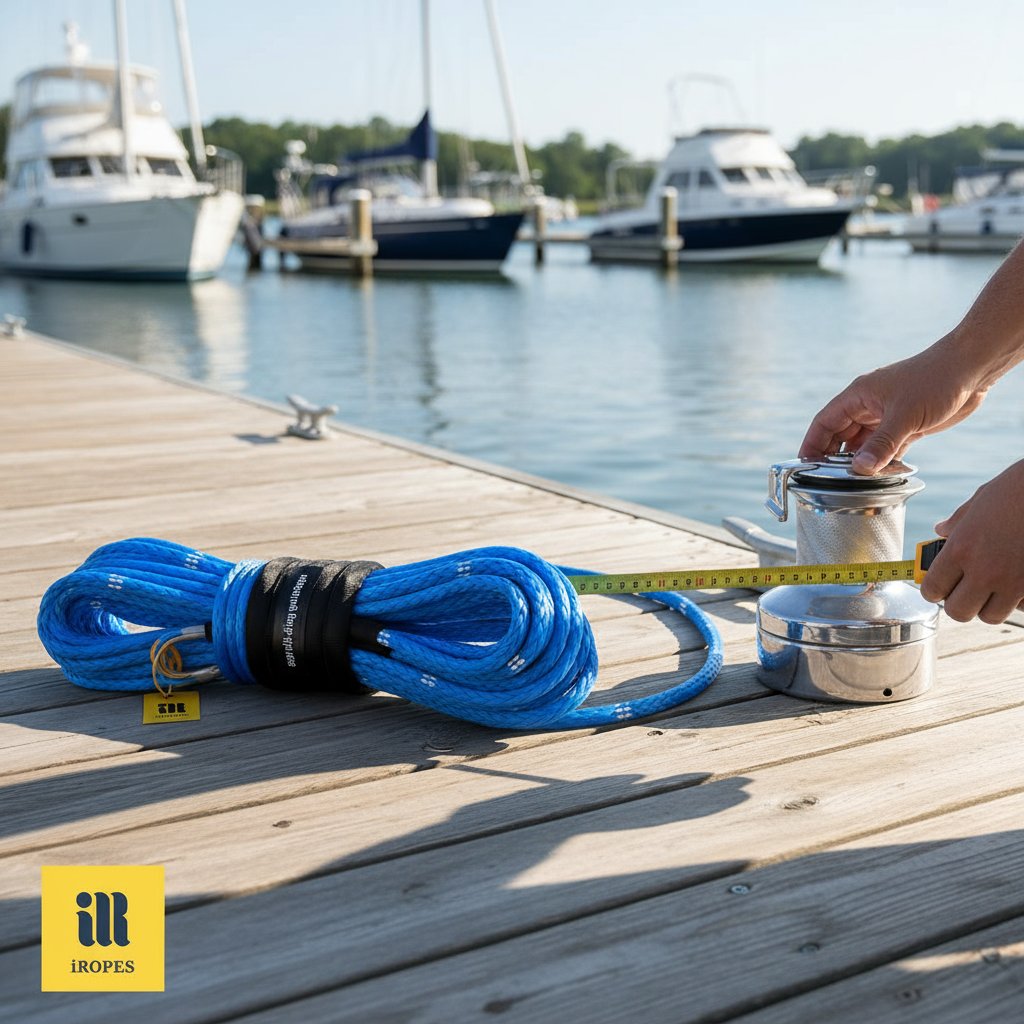Змотаний синтетичний трос для лебідки човна діаметром 3/8 дюйма, виміряний біля барабана лебідки на сонячному причалі в марині, з позначками довжини та етикетками міцності, корпуси човнів і вода в м'якому фокусі на тлі