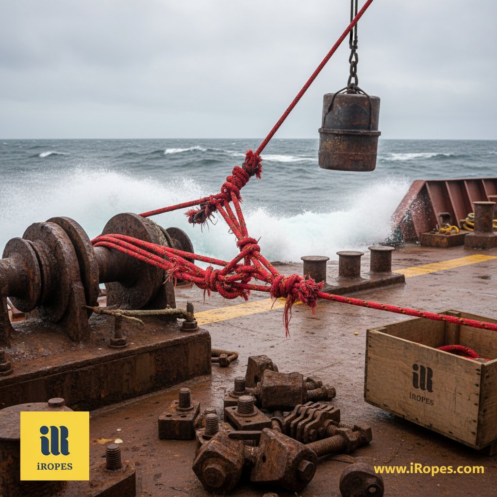 Deniz kaldırmasında yanlış hizalanmış rehberde düğümlenmiş sentetik halat, arka planda dalgalar ve yakındaki paslı güverte donanımıyla istikrarsızlığı gösteren