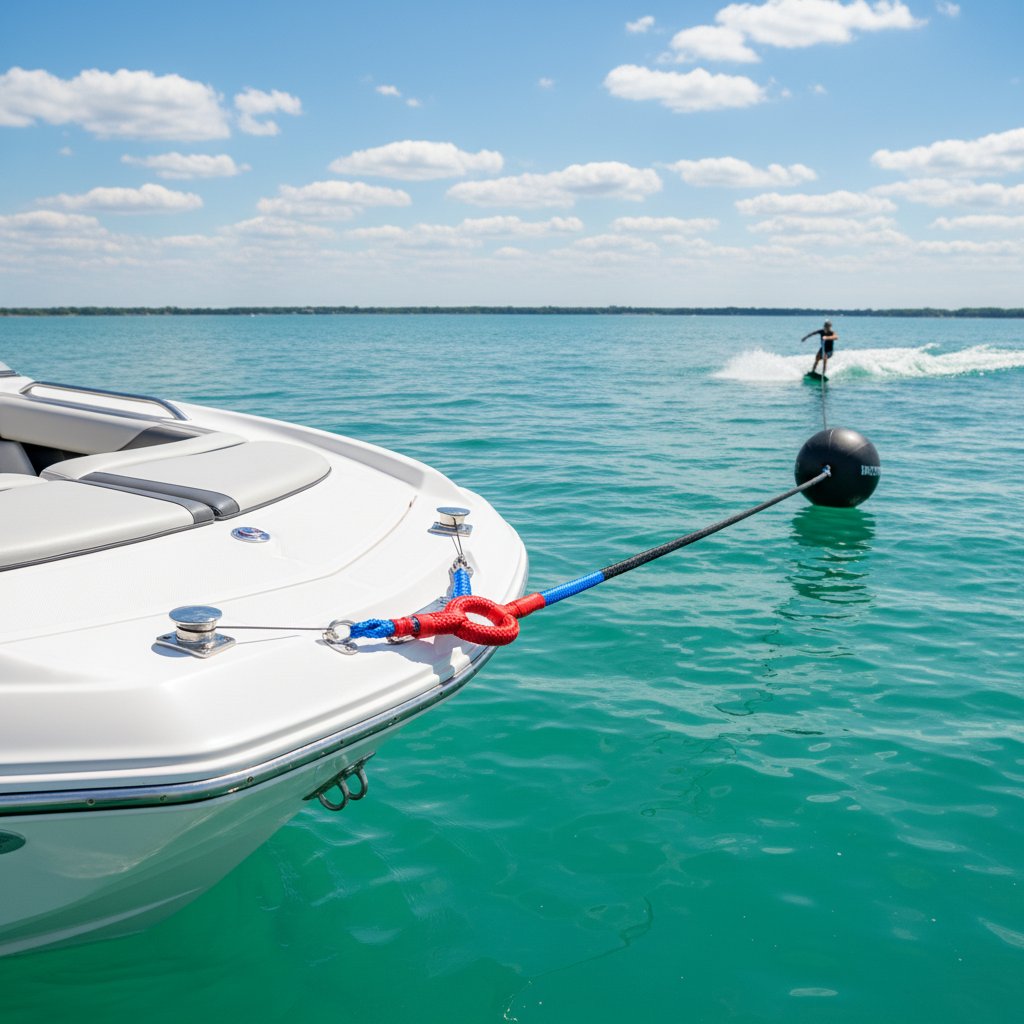A close view of a boat's stern with a colourful Y-harness attached to tow points, a booster ball floating on the arched tow rope extending to a distant wakeboarder, clear water lapping against the hull under a bright sky