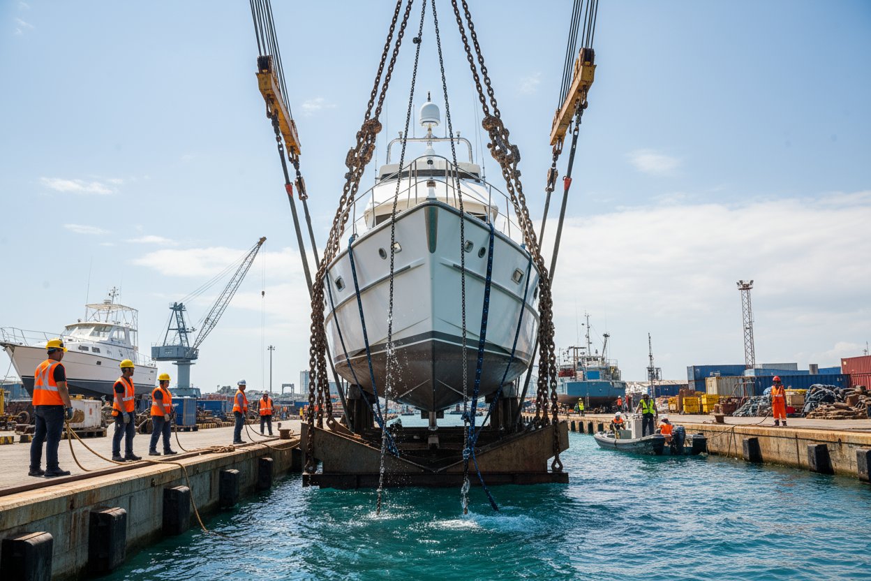 Comparison of chain, wire rope, and synthetic 4 leg slings in a shipyard, showing durability against saltwater exposure, flexibility during boat launch, and non-abrasive contact with hull surfaces under sunny marina conditions