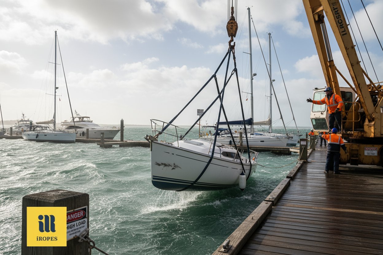 Illustration of a 4 leg bridle sling attempting a marine lift on a boat hull at a marina, with tangled legs causing uneven tension and potential hull scrapes visible against choppy seas and docked vessels