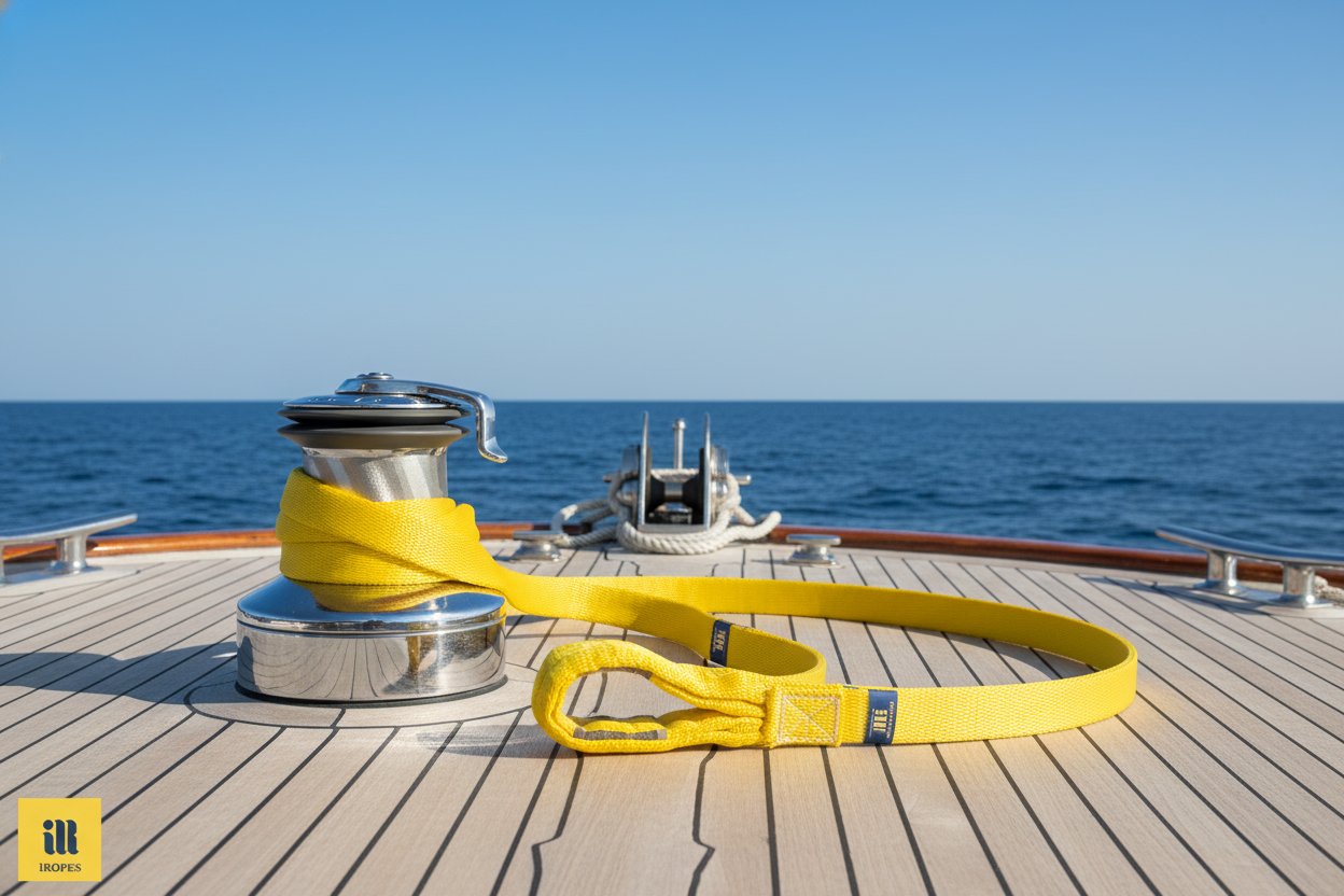 Curea infinită rotundă galbenă și curelă cu ochiuri la capete una lângă alta pe puntea unui iaht, demonstrând flexibilitate în timp ce înconjoară echipamente marine curbate sub lumina soarelui cu orizontul oceanic vizibil
