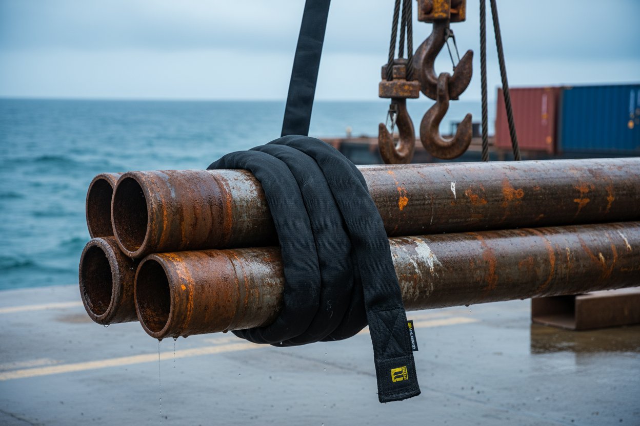 尼龙扼流吊带紧裹海上管道货物的特写，展示织带紧握力和加强眼圈，在咸涩的工业码头环境中，蓝色调和金属反射