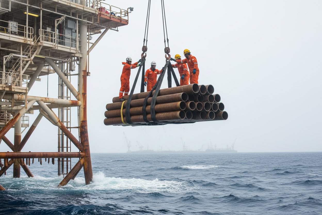 尼龙扼流吊带在海上平台管道吊装中的实战，吊带紧勒捆绑货物，在风中平台上伴随蓝色波浪和锈蚀钢结构